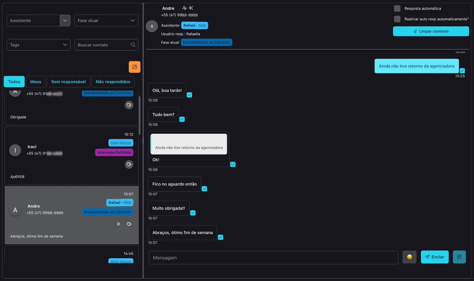 Painel Synthetos mostrando lista de conversas do WhatsApp com métricas de tempo de resposta e status
